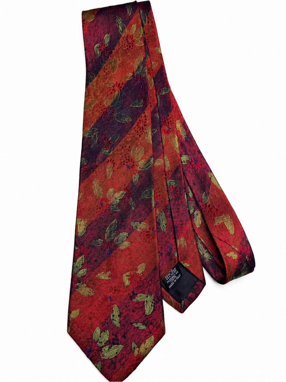 Hugo Boss Made in Italy 100% Silk Floral Stripe Neck Tie Burgundy Green
